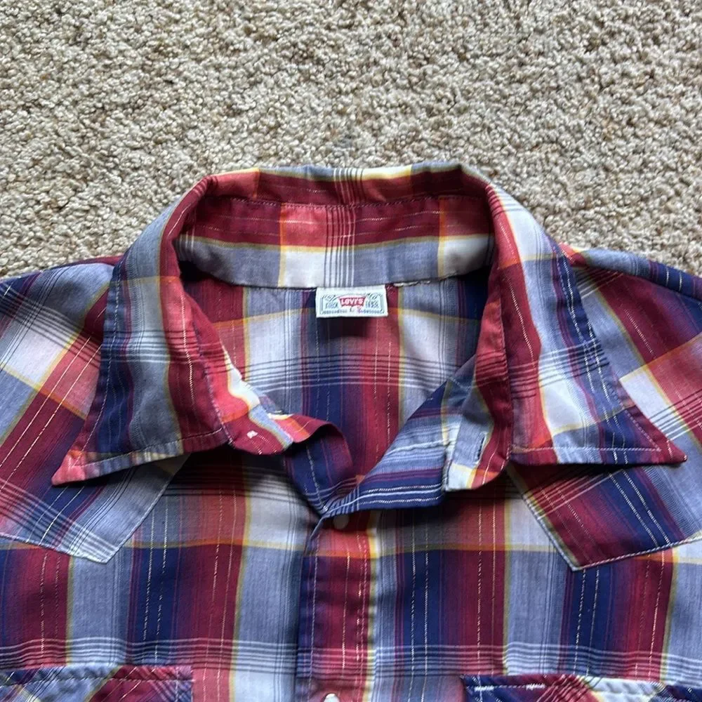 VTG 70’s Levi’s Red White Blue Gold Plaid Pearl Snap Western Shirt L